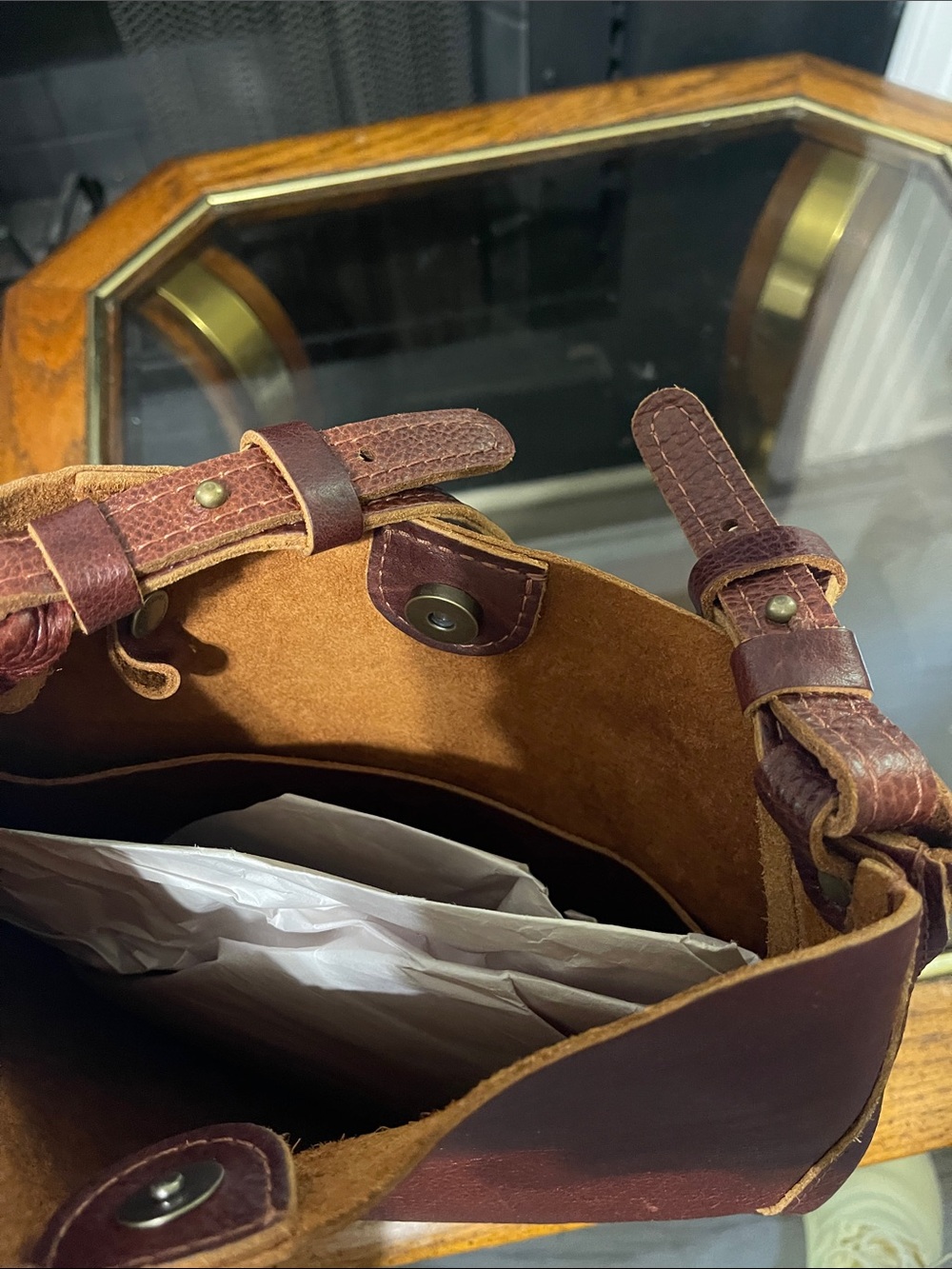 Portland Leather Burgundy Leather Messenger Bag with Tan Piping - Picture 6 of 10